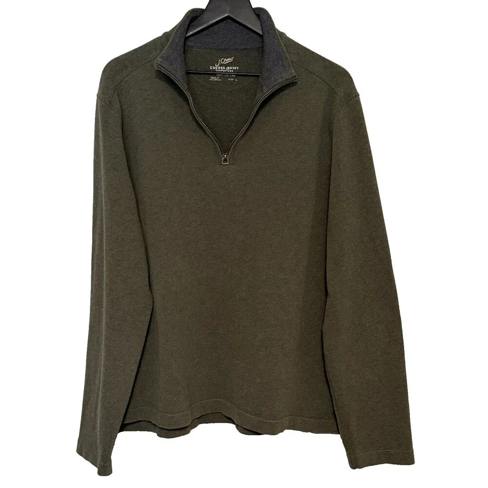 J. Crew Sueded Jersey Quarter Zip Pullover Large 100% Cotton Green Preppy